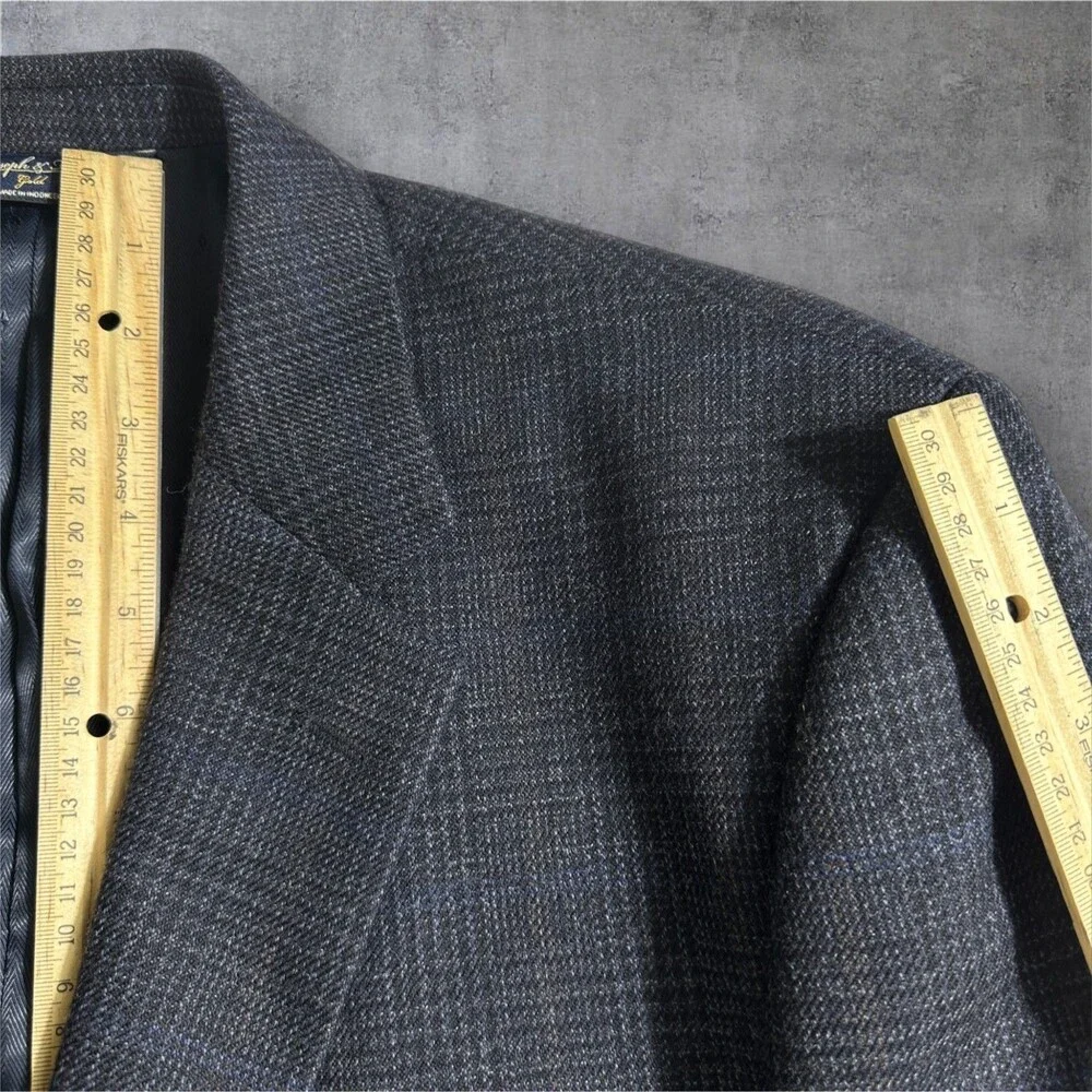 JOSEPH & FEISS Mens Blazer 44L WOOL Navy Sport Coat Two Button Jacket Windowpane